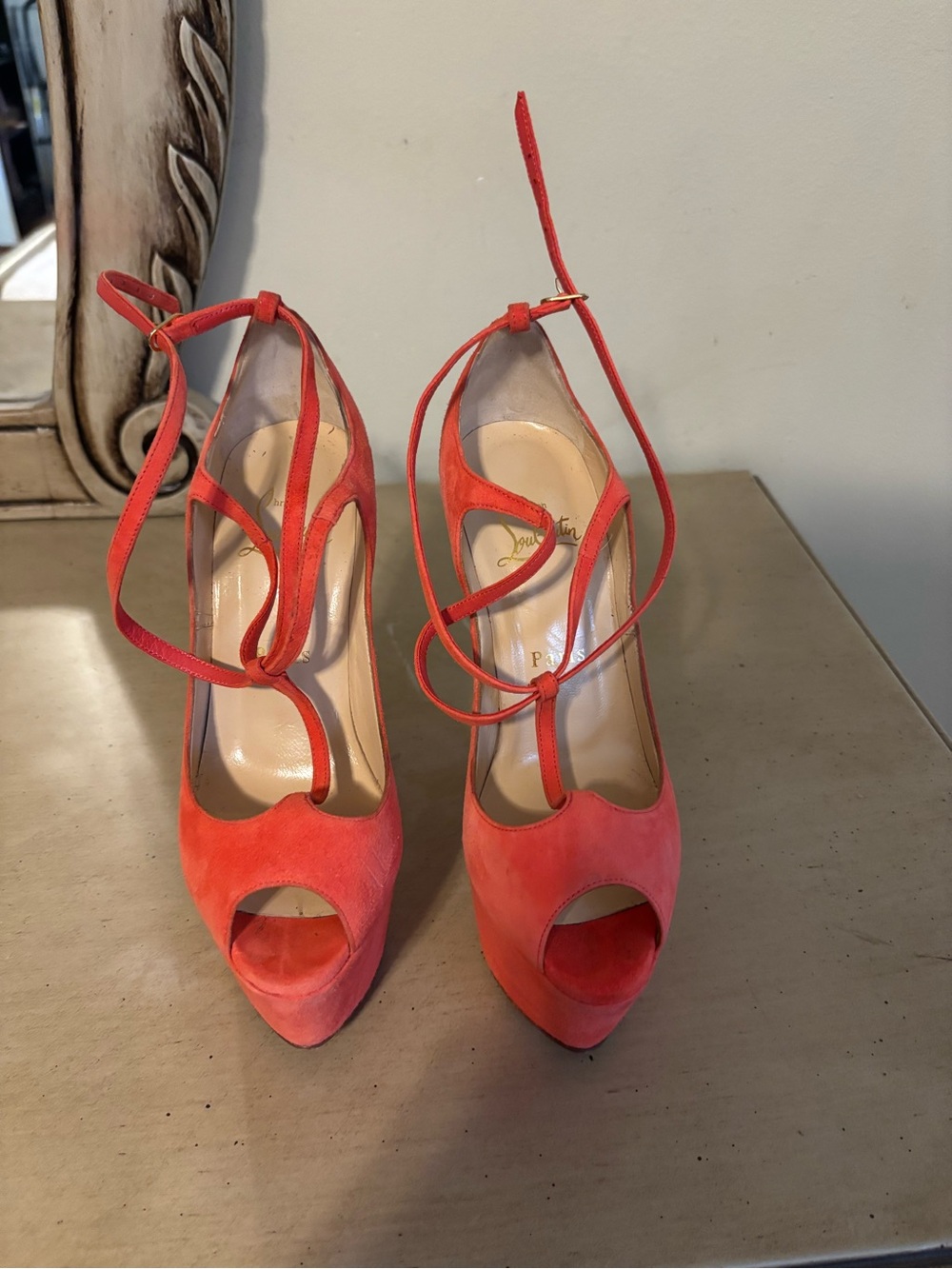 Christian Louboutin Coral Suede Peep-Toe Ankle-Tie Platform Heels